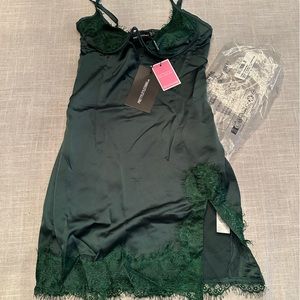 PrettyLittleThing Forest Green Satin Lace Detail Underwired Slip Dress